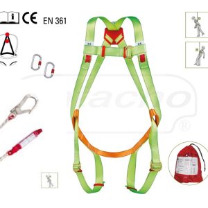 Arnés anticaidas dos puntos de anclaje + cuerda con absorbedor + 2 mosquetones + bolsa