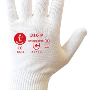 Guante 100% nylon blanco, palma con puntos de PVC azules. Puño elástico